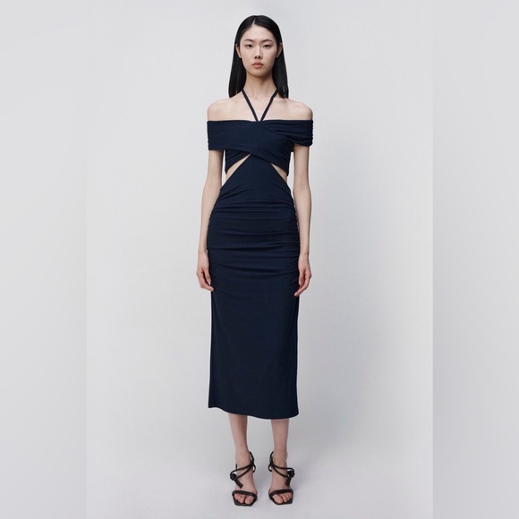 JONATHAN SIMKHAI STANDARD Akane Midi Dress in NAVY Sz M - Picture 5 of 8